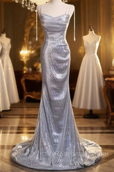 Elegant Silver Sequin Mermiad Semi Formal Prom Dress Long Evening Dress