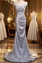 Elegant Silver Sequin Mermiad Semi Formal Prom Dress Long Evening Dress