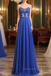 Elegant Strapless Chiffon Evening Lace Appliques Long Semi Formal Prom Dress Royal Blue