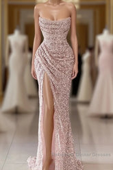 Elegant Strapless Mermaid Sequins Semi Formal Prom Dress Birthday Outfits