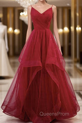 Elegant V Neck Open Back Sequins Burgundy Long Evening Prom Dress, Shiny Burgundy Formal Dress, Fluffy Burgundy Evening Dress