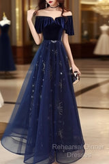 Elegant Velvet Tulle Long Formal Navy Blue Semi Formal Prom Dress,