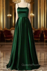 Emerald Green Evening Prom Dress, Strappy Back Slit Simple Satin Evening Prom Dress