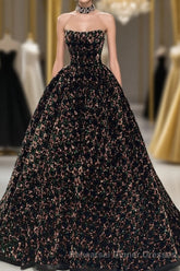 A Line Sparkly Sequin Long Semi Formal Prom Dress, Gorgeous Strapless Long Evening Dress