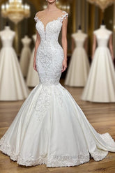 Exquisite Long Lace V-neck Sleeveless Mermaid Wedding Dress
