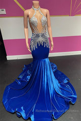 Royal Blue Halter Sleeveless Mermaid Semi Formal Prom Dresses With Beadings Velvet