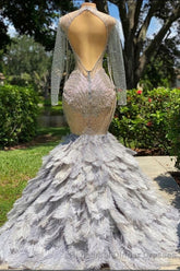 Fabulous Long Mermaid V-neck Sequined Beading Feather Tulle Semi Formal Prom Dress with Sleeves