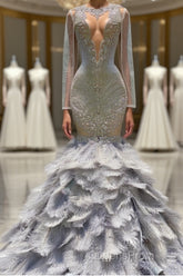 Fabulous Long Mermaid V-neck Sequined Beading Feather Tulle Evening Prom Dress with Sleeves