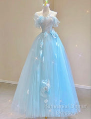 Fairy A Line Blue Floral Semi Formal Prom Dresses Evening Dress