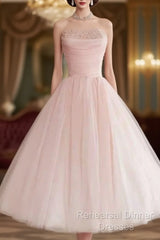 Fairy Ball Gown Strapless Pink Knee Length Semi Formal Prom Dresses Evening Dress