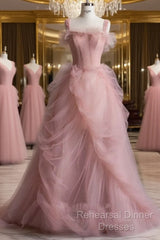 Fairy Ball Gown Straps Pink Tulle Semi Formal Prom Dresses For Teens