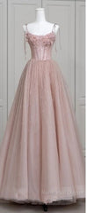 Fairy Ball Gown Straps Pink Tulle Semi Formal Prom Dresses Long Evening Dress