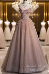 Fairy Ball Gown Straps Pink Tulle Semi Formal Prom Dresses Long Evening Dress