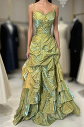 Fairytale Sage A-Line Mask Semi Formal Prom Dress Beaded Satin Evening Gown For Birthady&Graduation