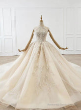 Fashion Dark Champagne Tulle Sequins Beading Wedding Dress With Train