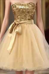 Fashion Gold Sequins Bow Sash Sweetheart Strapless Short Cute Homecoming Dress