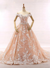 Fashion Pink Off The Shoulder Appliques Tulle Wedding Dress