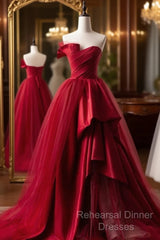 Fashion Tulle Satin Long Evening Dress Red Semi Formal Prom Dress
