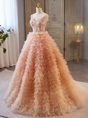 Unique V Neck Tulle Sequin Orange Pink Long Semi Formal Prom Dress, Orange Pink Sweet 16 Dress
