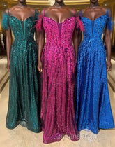 Feathered Cold Shoulder Sequin Long Evening Prom Dress with Appliques