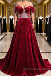 Burgundy Velvet Long Semi Formal Prom Dress, Off the Shoulder Evening Party Dress