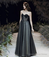 Black tulle long prom dress A line eveing dress