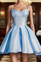 Blue satin short Semi Formal Prom dress homecoming dress