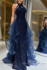 Navy Blue Sequins Long Semi Formal Prom Party Dress
