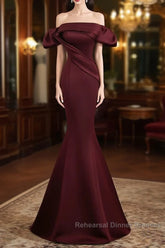 Burgundy Satin Long Semi Formal Prom Dress, Mermaid Off the Shoulder Evening Party Dress