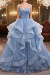 Blue Tulle Long Semi Formal Prom Dress Blue Evening Gown