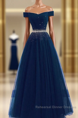 Blue Semi Formal Prom Dresses,tulle Semi Formal Prom Gown,off Shoulder Semi Formal Prom Dresses,long Semi Formal Prom Dress,a Line Evening Dress