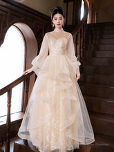Champagne Tulle Long Sleeve Evening Party Dress