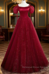 Burgundy Satin Tulle Floor Length Semi Formal Prom Party Dress