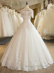 Floor Length Applique Ball Gown Off the Shoulder Lace Tulle 1/2 Sleeves Wedding Dress