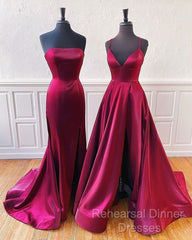 Floor Length Long Satin Burgundy Semi Formal Prom Dresses  With Split