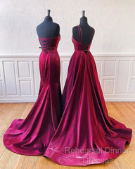 Floor Length Long Satin Burgundy Semi Formal Prom Dresses  With Split