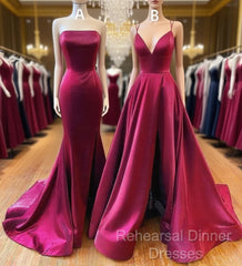 Floor Length Long Satin Burgundy Semi Formal Prom Dresses  With Split