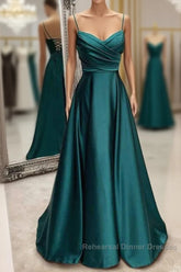 Floor-Length Satin Green Semi Formal Prom Dress A-Line With Pleated