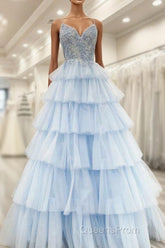 Floral Lace V-Neck Multi-Tiered A-Line Evening Prom Dress