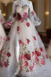 Flowers Appliques Princess A Line Champagne Semi Formal Prom Dress With Slit