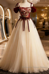 Flowers Champagne Long Tulle Semi Formal Prom Dress with Straps