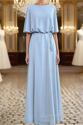 Flutter Sleeves Chiffon Sky Blue Bridesmaid Dress with Sash Bow Max Dress