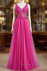 Fuchsia A-Line Long Semi Formal Prom Dress Plunging V Neck Floral