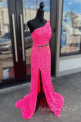 Fuchsia Sequins One Shoulder Cut-Out Tassels Long Semi Formal Prom Dress With Slit