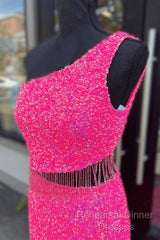 Fuchsia Sequins One Shoulder Cut-Out Tassels Long Semi Formal Prom Dress With Slit