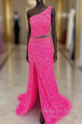 Fuchsia Sequins One Shoulder Cut-Out Tassels Long Semi Formal Prom Dress With Slit