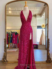 Backless Royal Blue Sequins Semi Formal Prom Gown with Slit