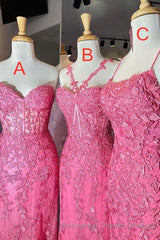 Gorgeous Hot Pink Lace Appliques Long Semi Formal Prom Dress
