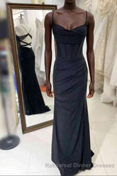 Black Pleated Long Semi Formal Prom Dress with Spaghetti Straps