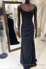 Black Pleated Long Semi Formal Prom Dress with Spaghetti Straps